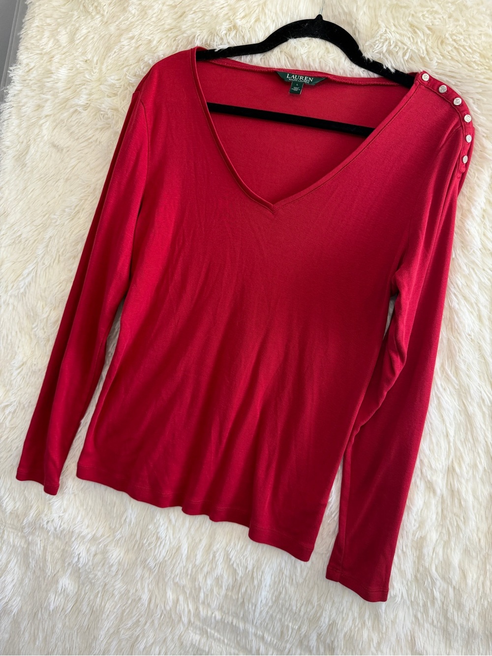Lauren Ralph Lauren Womens Preppy V-Neck LS Top L Red Old Money Button-Shoulder